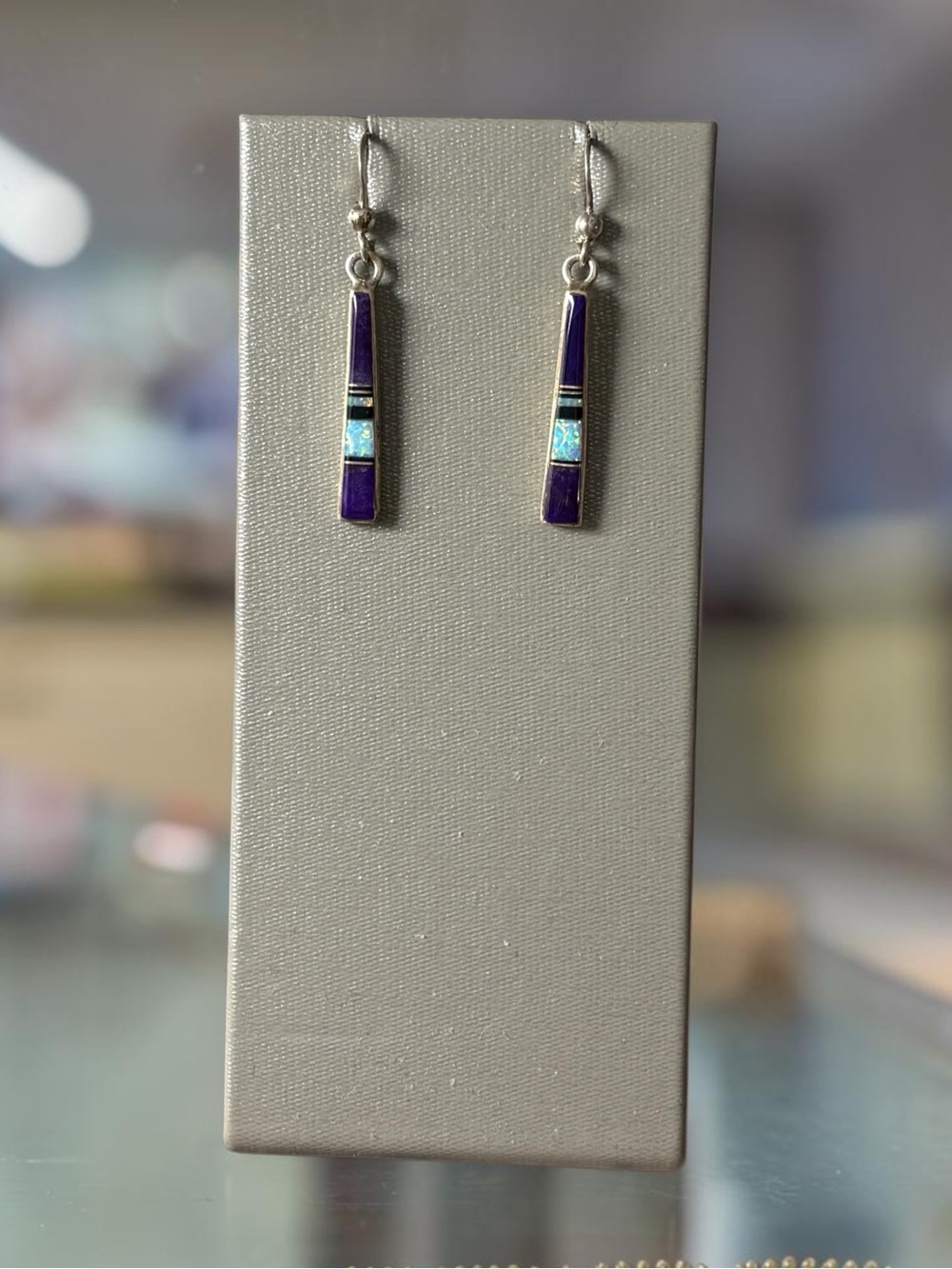 Sterling Silver Purple Turquoise Opal Onyx Inlay Native American Zuni Earrings